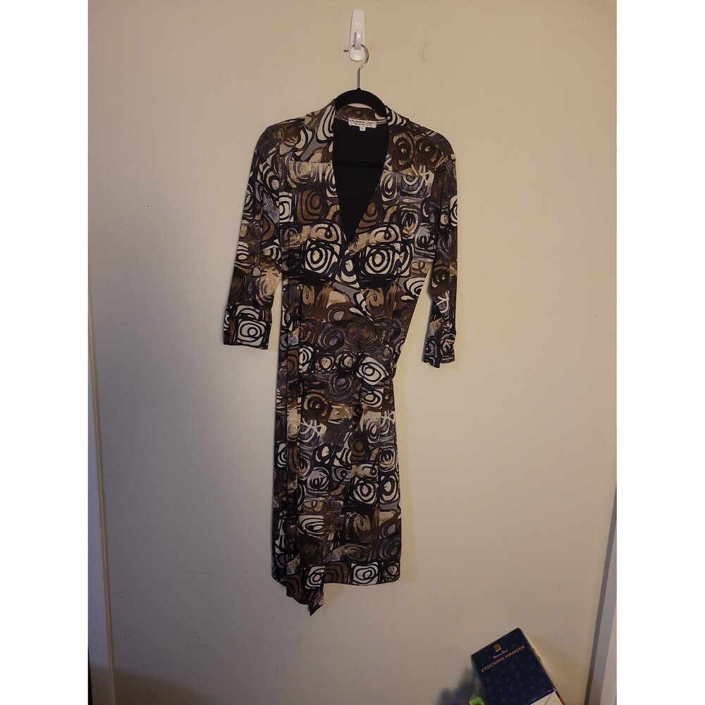 VTG Andrea Lieu Brown Nylon Artsy Pullover Wrap Dress Sz L